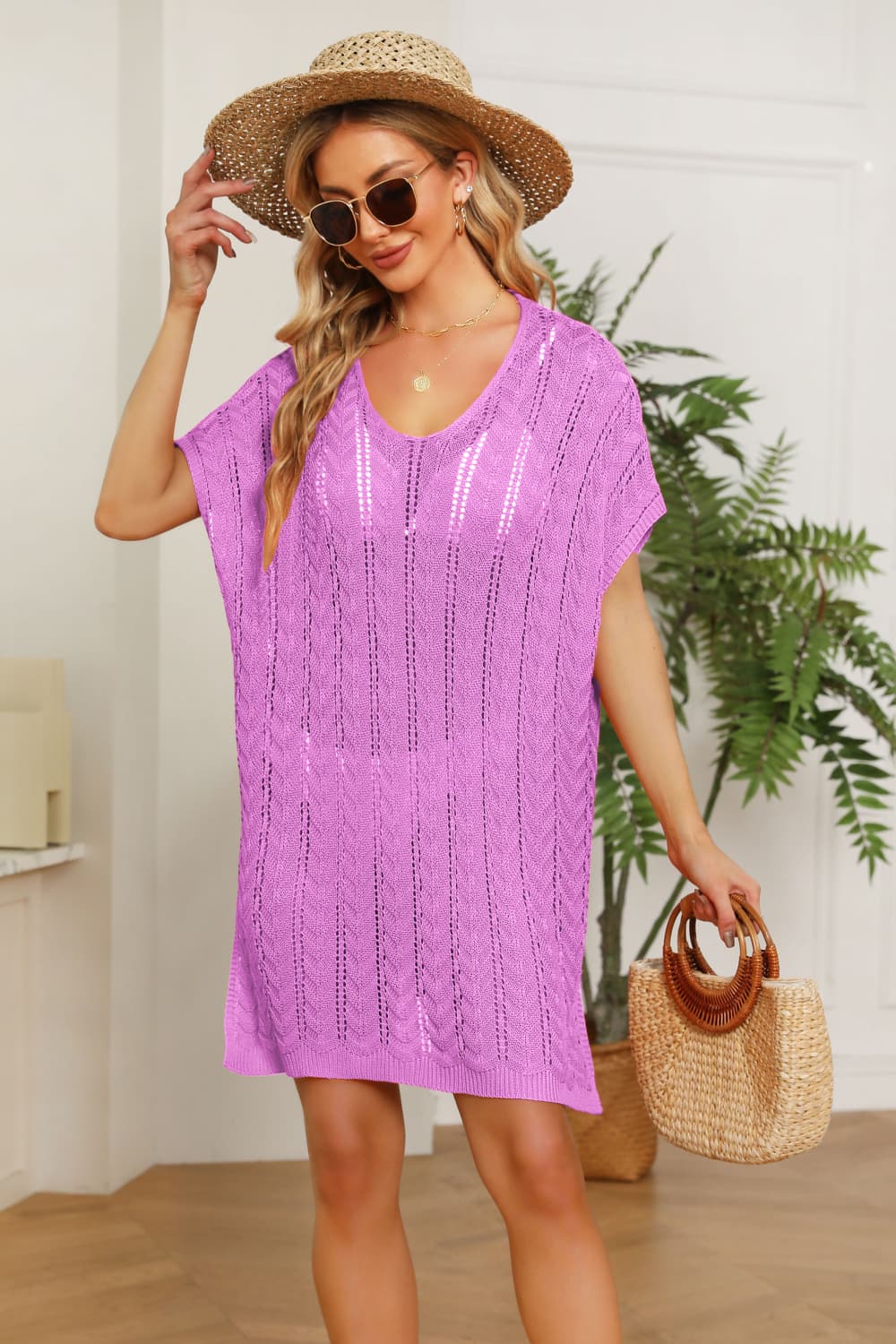 Openwork Side Slit Knit Dress - Heliotrope Purple / One Size Wynter 4 All Seasons