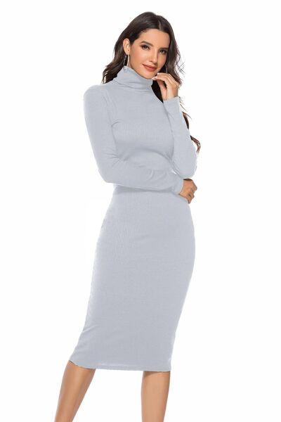 Ribbed Turtleneck Long Sleeve Dress - Light Gray / S Wynter 4 All Seasons