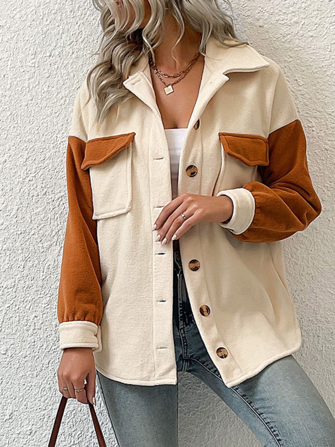 Contrast Button-Up Fleece Jacket - Beige/Brown / S Girl Code