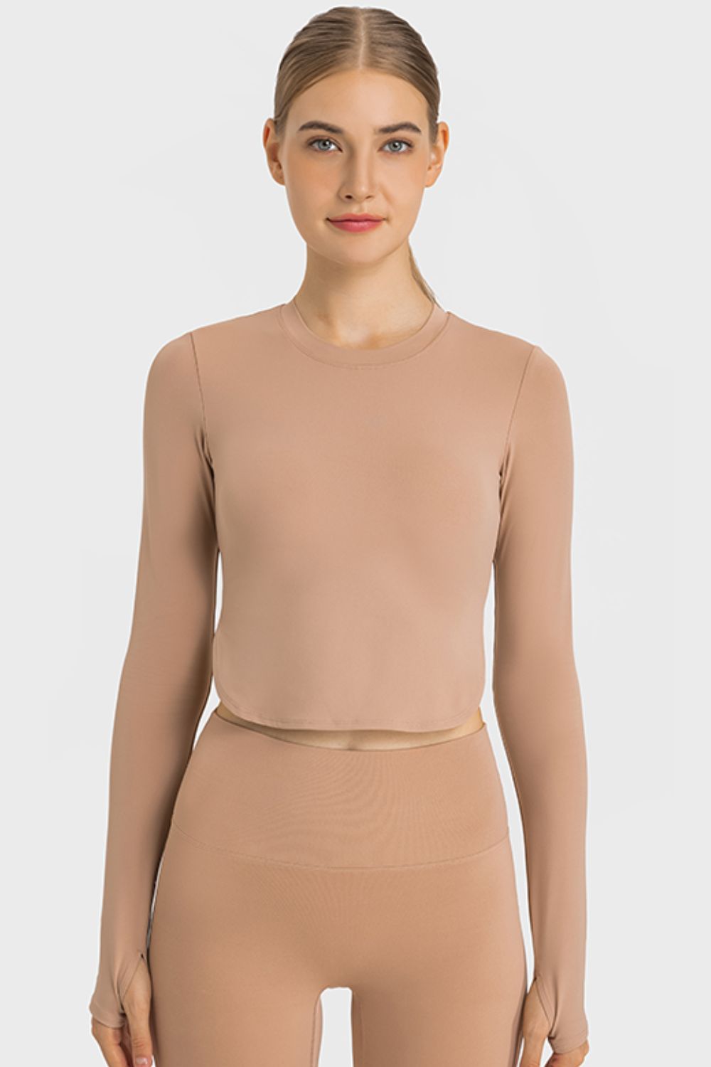 Side Slit Long Sleeve Round Neck Crop Top - Brown / 4 Apparel & Accessories Wynter 4 All Seasons