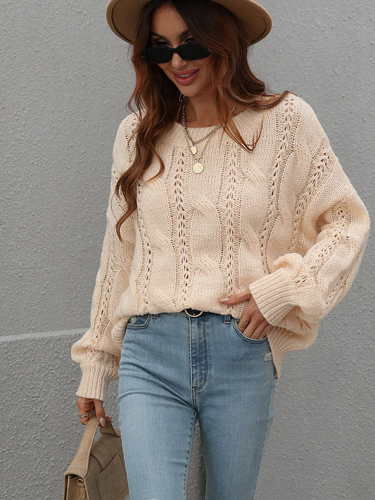 Cable-Knit Openwork Round Neck Sweater - Beige / S Girl Code