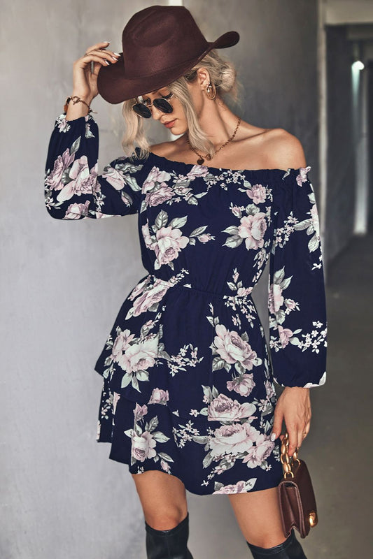 Floral Off-Shoulder Layered Mini Dress - Navy / S Apparel & Accessories Wynter 4 All Seasons
