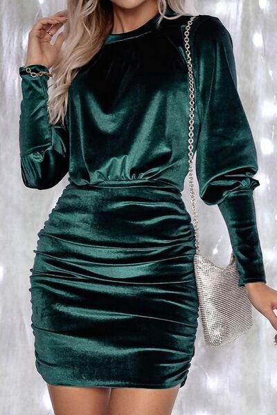 Ruched Round Neck Lantern Sleeve Mini Dress - Green / S Wynter 4 All Seasons