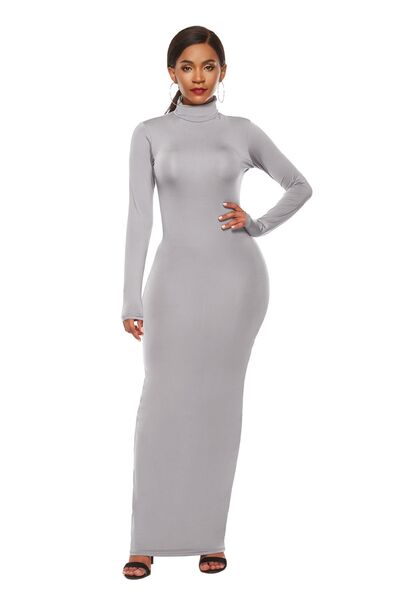 Mock Neck Long Sleeve Maxi Slim Dress - Light Gray / S Wynter 4 All Seasons