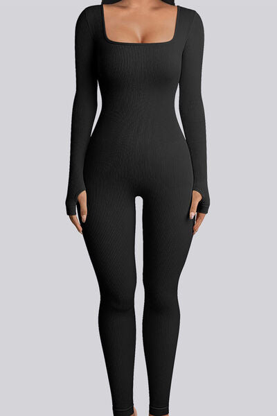Square Neck Long Sleeve Active Jumpsuit - Black / S Wynter 4 All Seasons