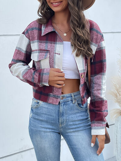 Plaid Button Up Drop Shoulder Cropped Jacket - Plum / S Wynter 4 All Seasons