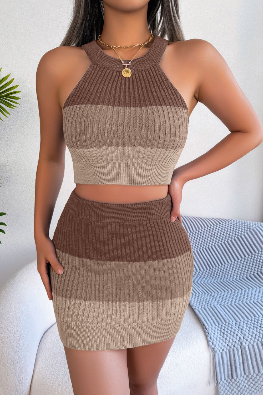 Color Block Sleeveless Crop Knit Top and Skirt Set - Camel / S Girl Code