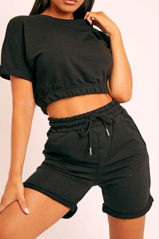 Short Sleeve Cropped Top and Drawstring Shorts Lounge Set - Black / S Wynter 4 All Seasons