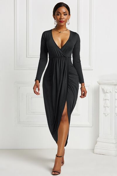 High-low Ruched Surplice Long Sleeve Dress - Black / S Wynter 4 All Seasons