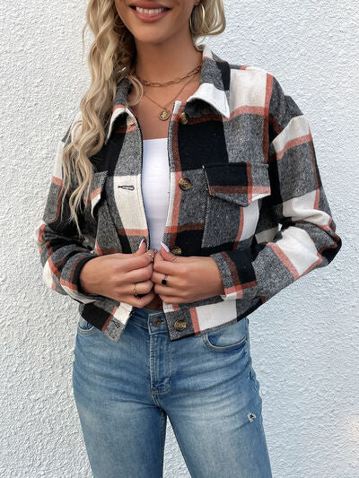 Plaid Button Up Drop Shoulder Cropped Jacket - Red / S Wynter 4 All Seasons