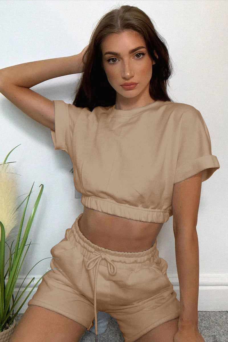 Short Sleeve Cropped Top and Drawstring Shorts Lounge Set - Tan / S Wynter 4 All Seasons