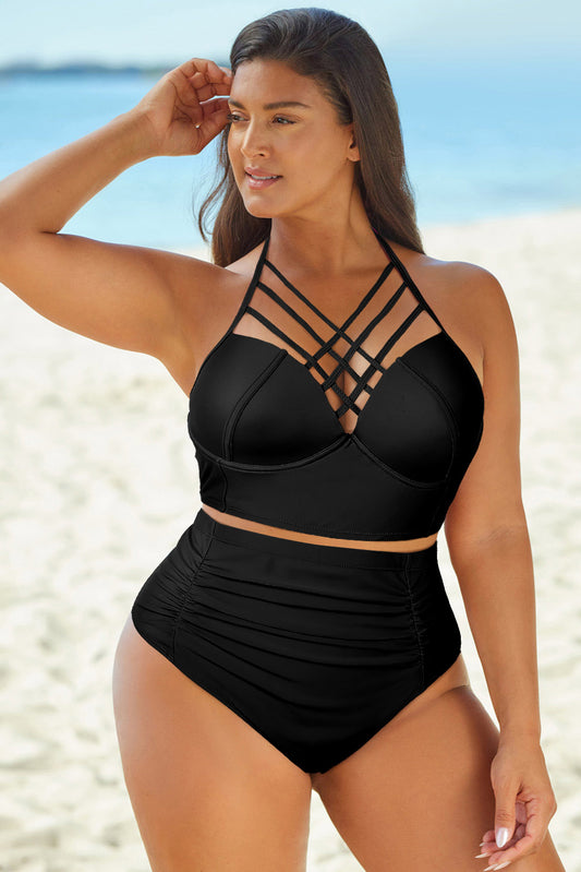 Halter Neck Crisscross Ruched Two-Piece Swimsuit - Black / S Wynter 4 All Seasons