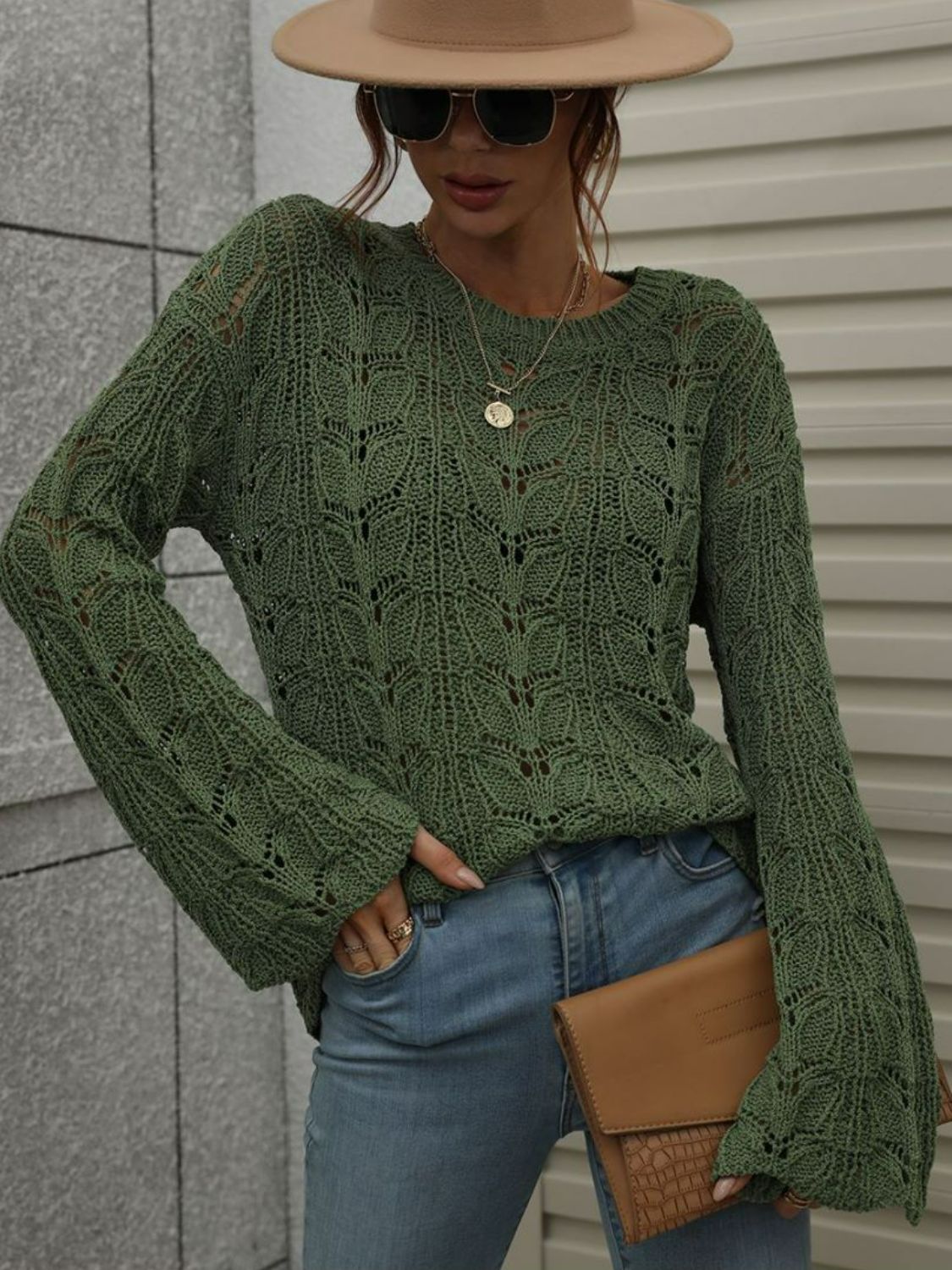 Openwork Dropped Shoulder Knit Top - Green / S Apparel & Accessories Wynter 4 All Seasons