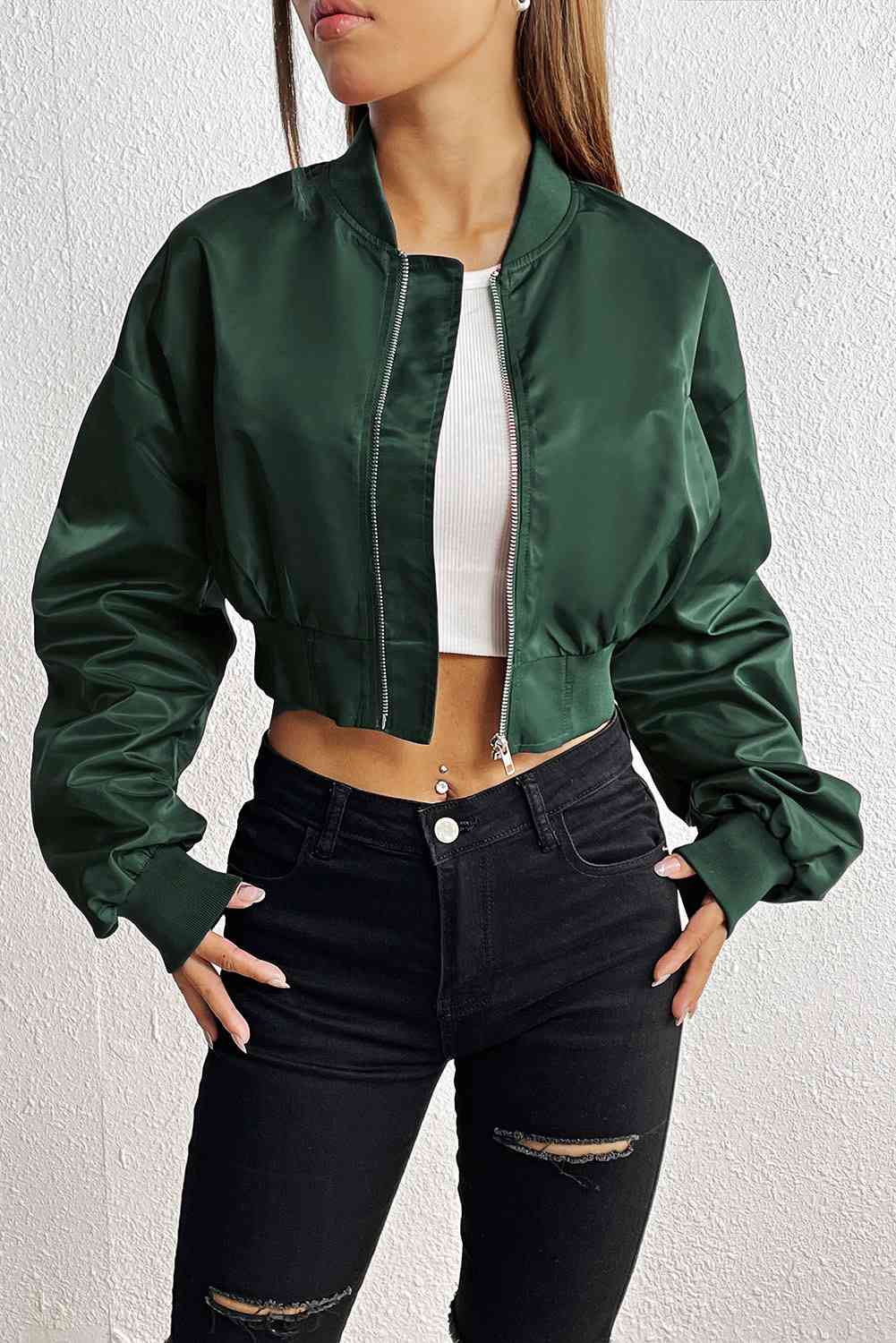 Zip-Up Ruched Cropped Jacket