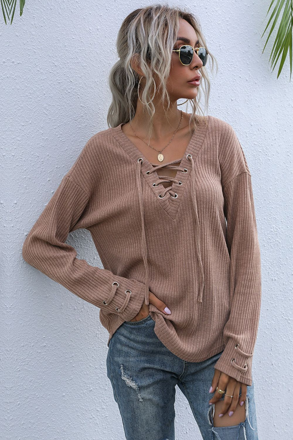 Lace-Up V-Neck Ribbed Top - Brown / S Wynter 4 All Seasons