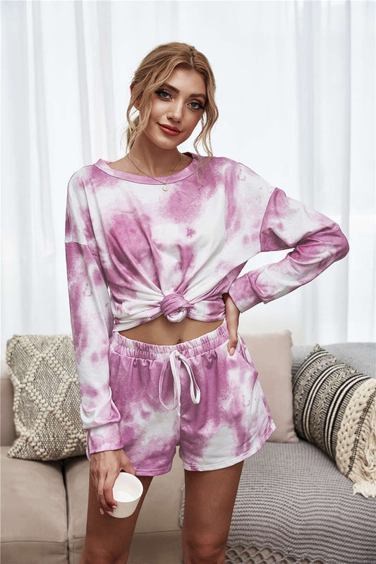 Tie-Dye Dropped Shoulder Top and Shorts Lounge Set - Heliotrope Purple / S Wynter 4 All Seasons