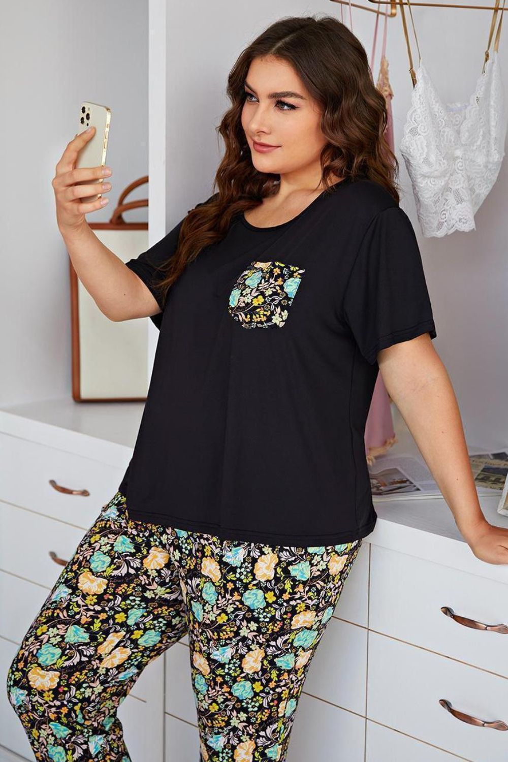 Plus Size Contrast Round Neck Tee and Floral Pants Lounge Set Trendsi