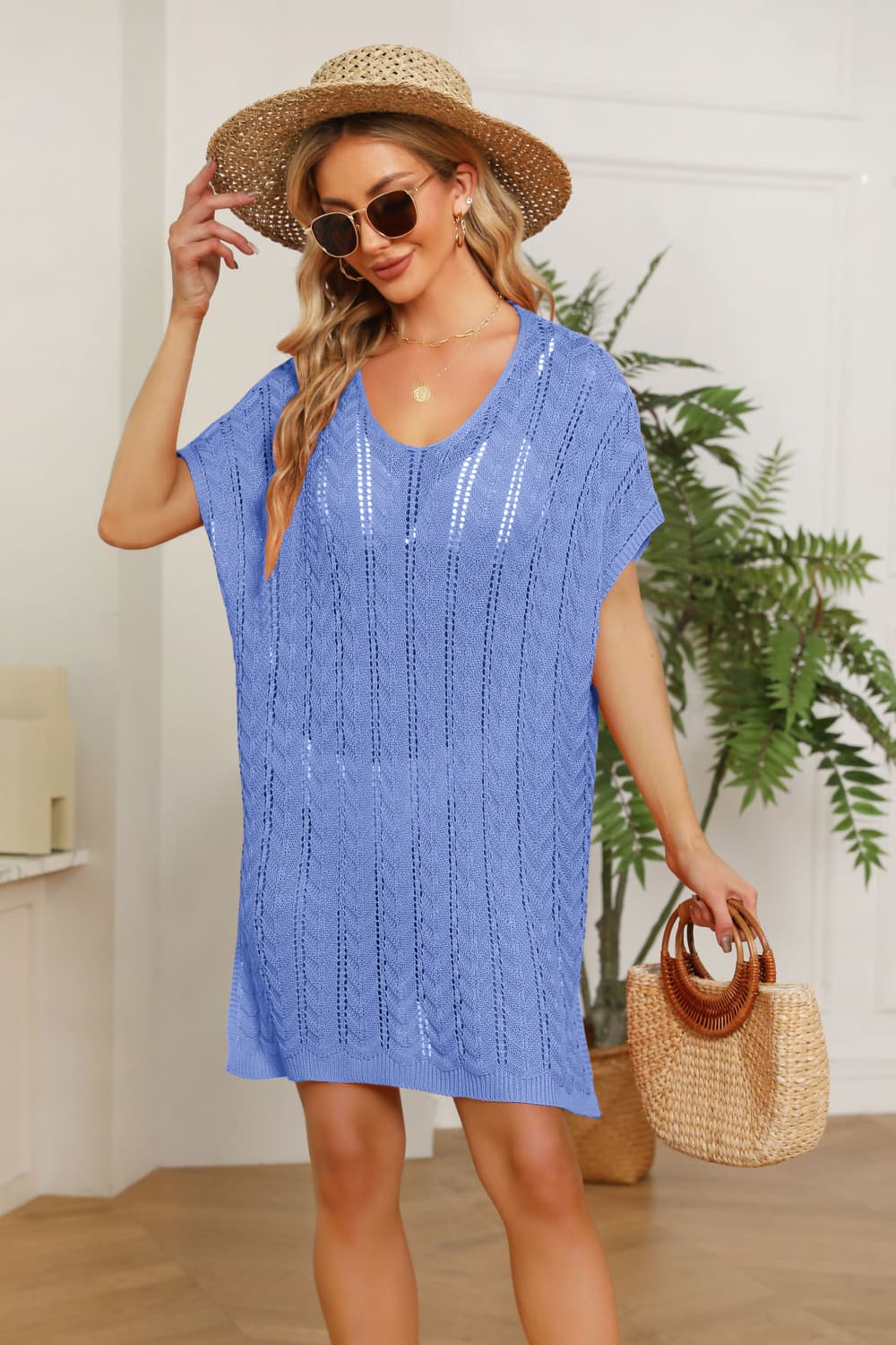 Openwork Side Slit Knit Dress - Cobalt Blue / One Size Wynter 4 All Seasons