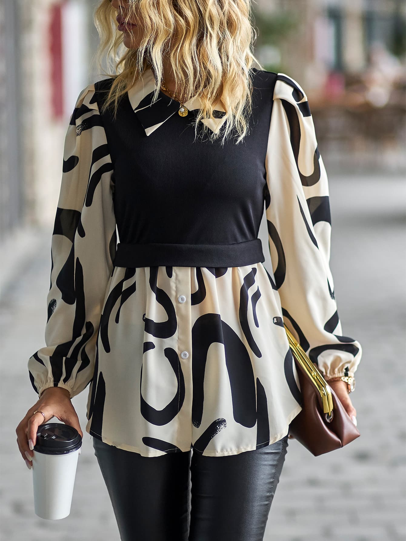 Two-Tone Long Puff Sleeve Blouse Trendsi