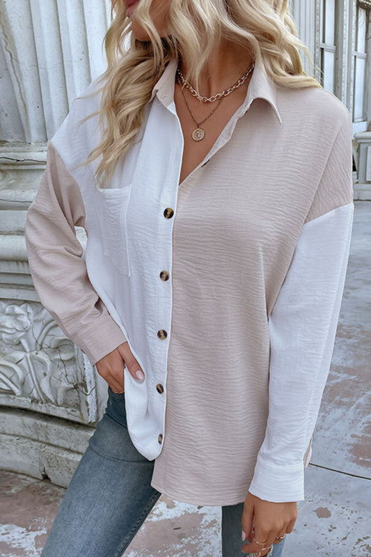 Color Block Textured Button-Up Shirt - Cream/White / S Apparel & Accessories Wynter 4 All Seasons