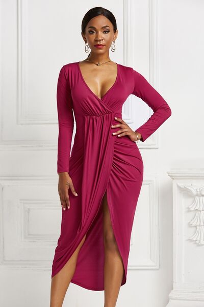 High-low Ruched Surplice Long Sleeve Dress - Deep Rose / S Wynter 4 All Seasons