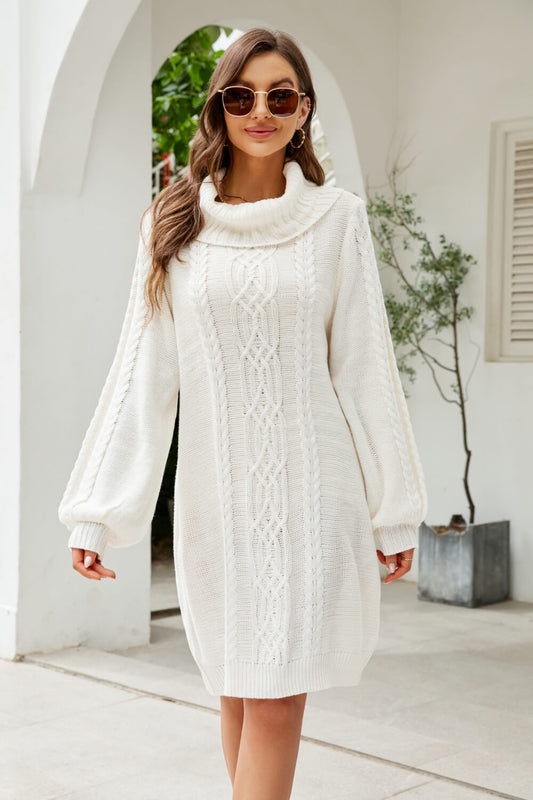 Mixed Knit Turtleneck Lantern Sleeve Sweater Dress Trendsi