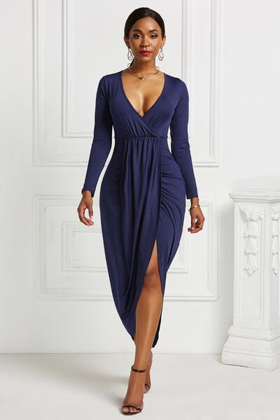 High-low Ruched Surplice Long Sleeve Dress - Navy / S Wynter 4 All Seasons
