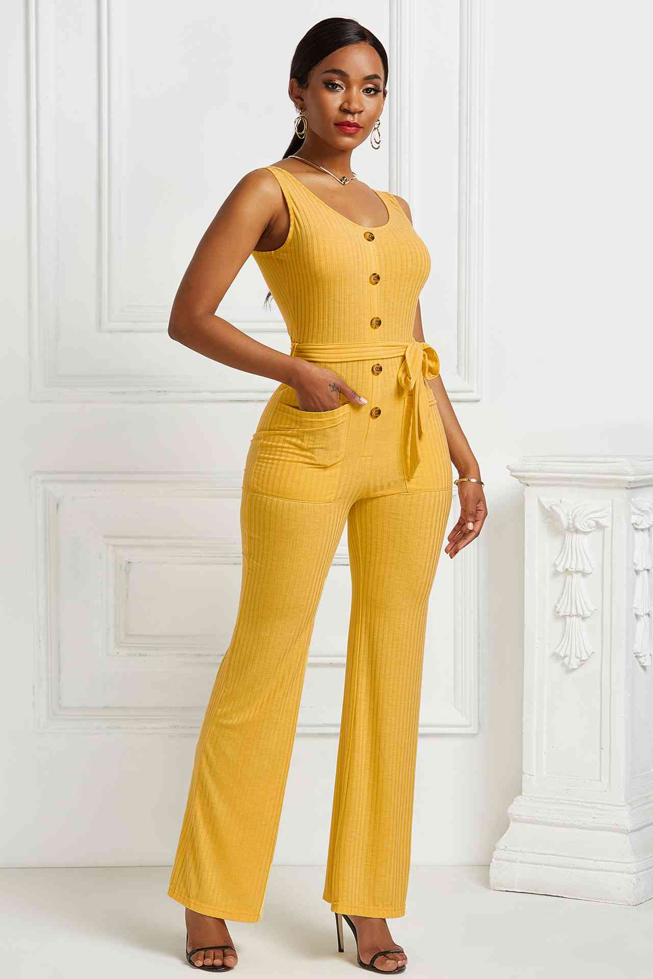 Button Detail Tie Waist Jumpsuit with Pockets - Yellow / S Apparel & Accessories Wynter 4 All Seasons