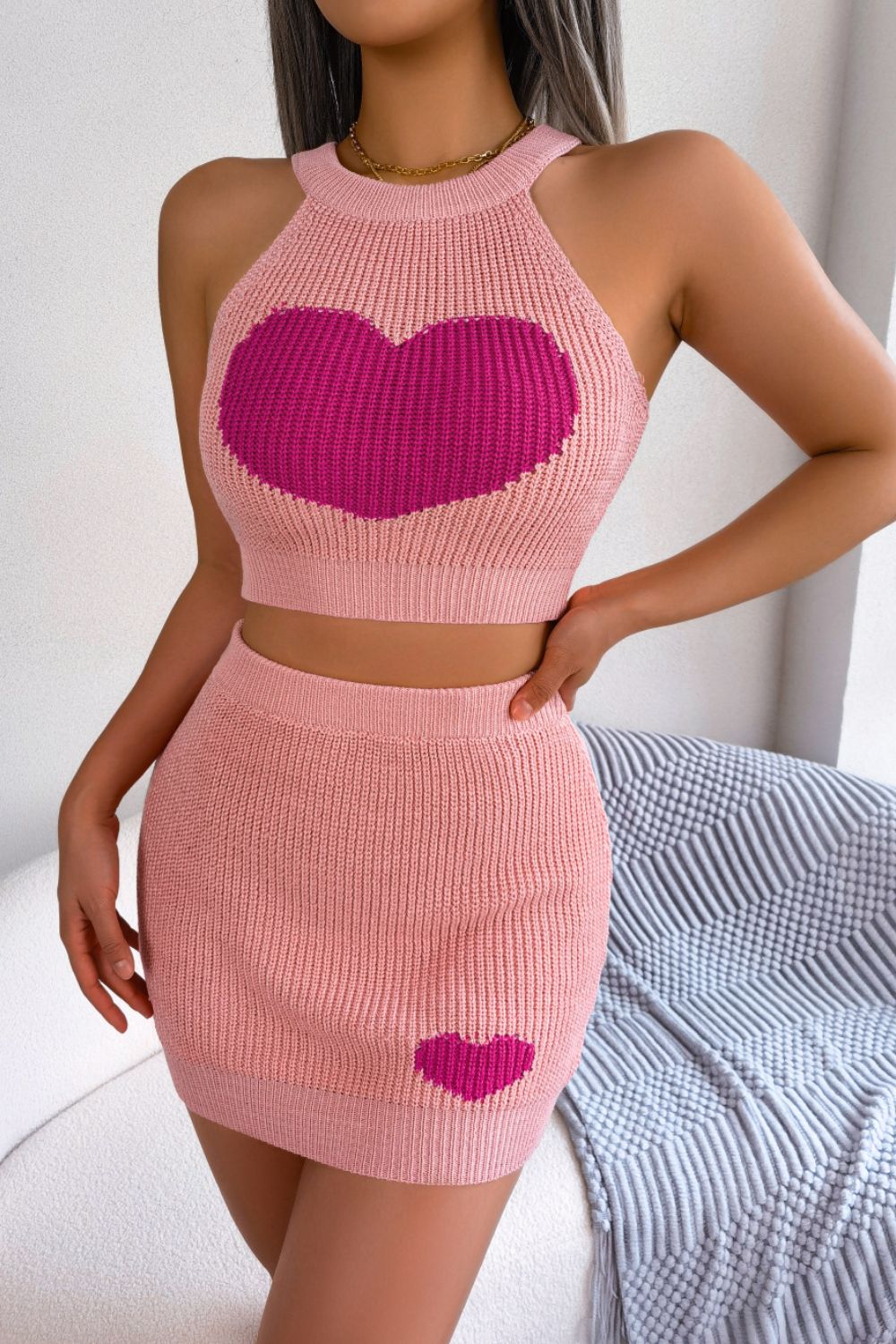 Heart Contrast Ribbed Sleeveless Knit Top and Skirt Set - Girl Code