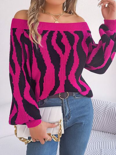 Off-Shoulder Animal Print Long Sleeve Sweater - Hot Pink / S Wynter 4 All Seasons