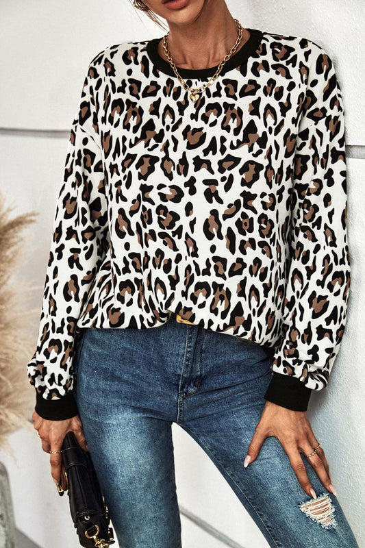 Leopard Round Neck Dropped Shoulder Sweatshirt - White/Leopard / S Apparel & Accessories Wynter 4 All Seasons