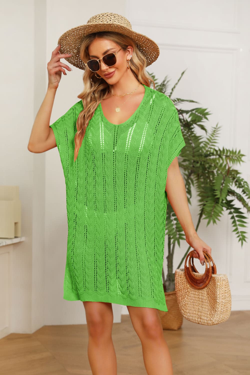 Openwork Side Slit Knit Dress - Mid Green / One Size Wynter 4 All Seasons