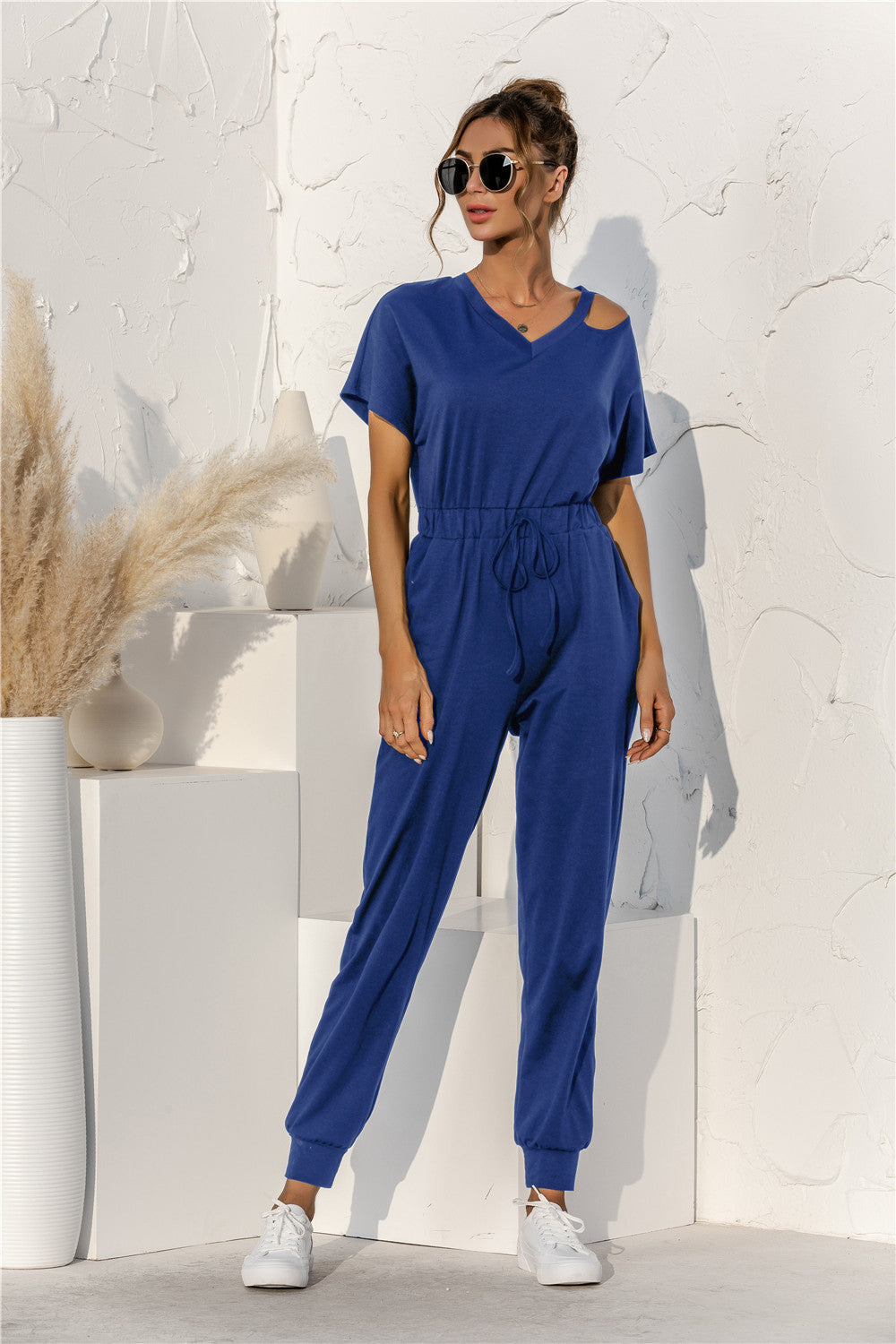 Cut Out V-neck Drawstring Jumpsuit - Blue / S Apparel & Accessories Girl Code