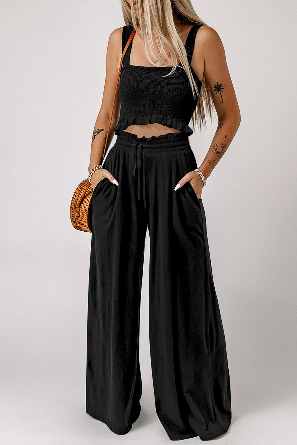 Square Neck Cropped Tank Top and Long Pants Set - Black / S Wynter 4 All Seasons