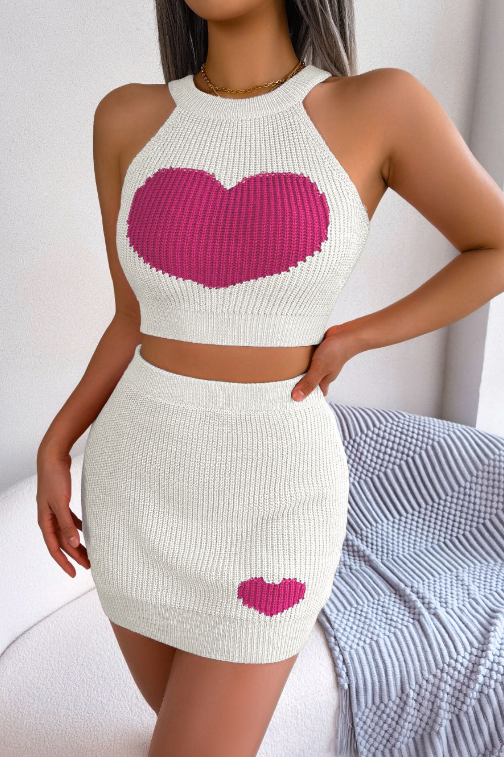 Heart Contrast Ribbed Sleeveless Knit Top and Skirt Set - Girl Code