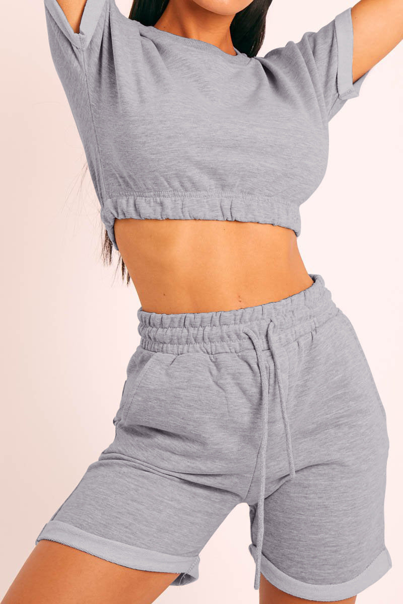 Short Sleeve Cropped Top and Drawstring Shorts Lounge Set - Gray Dawn / S Wynter 4 All Seasons