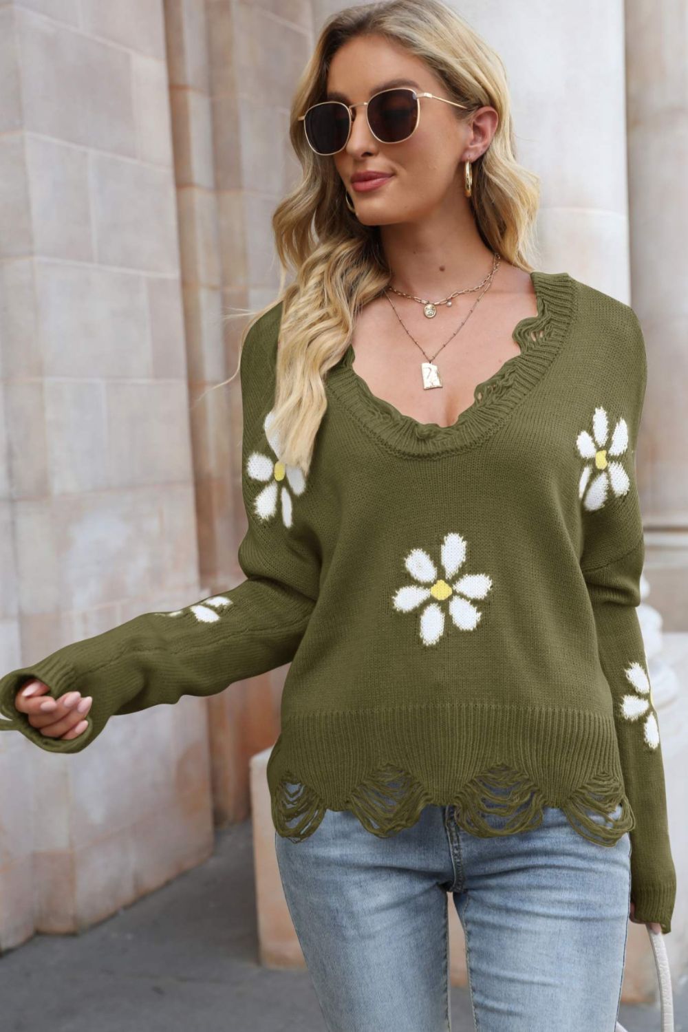 Flower Distressed Ribbed Trim Sweater - Green / S Apparel & Accessories Wynter 4 All Seasons