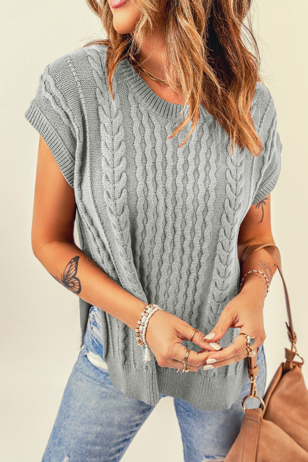 Cable-Knit Side Slit Sweater Vest - Gray / S Girl Code