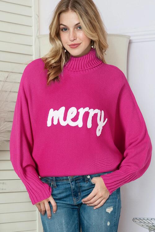 Merry Letter Embroidered High Neck Sweater - Deep Rose / S Wynter 4 All Seasons