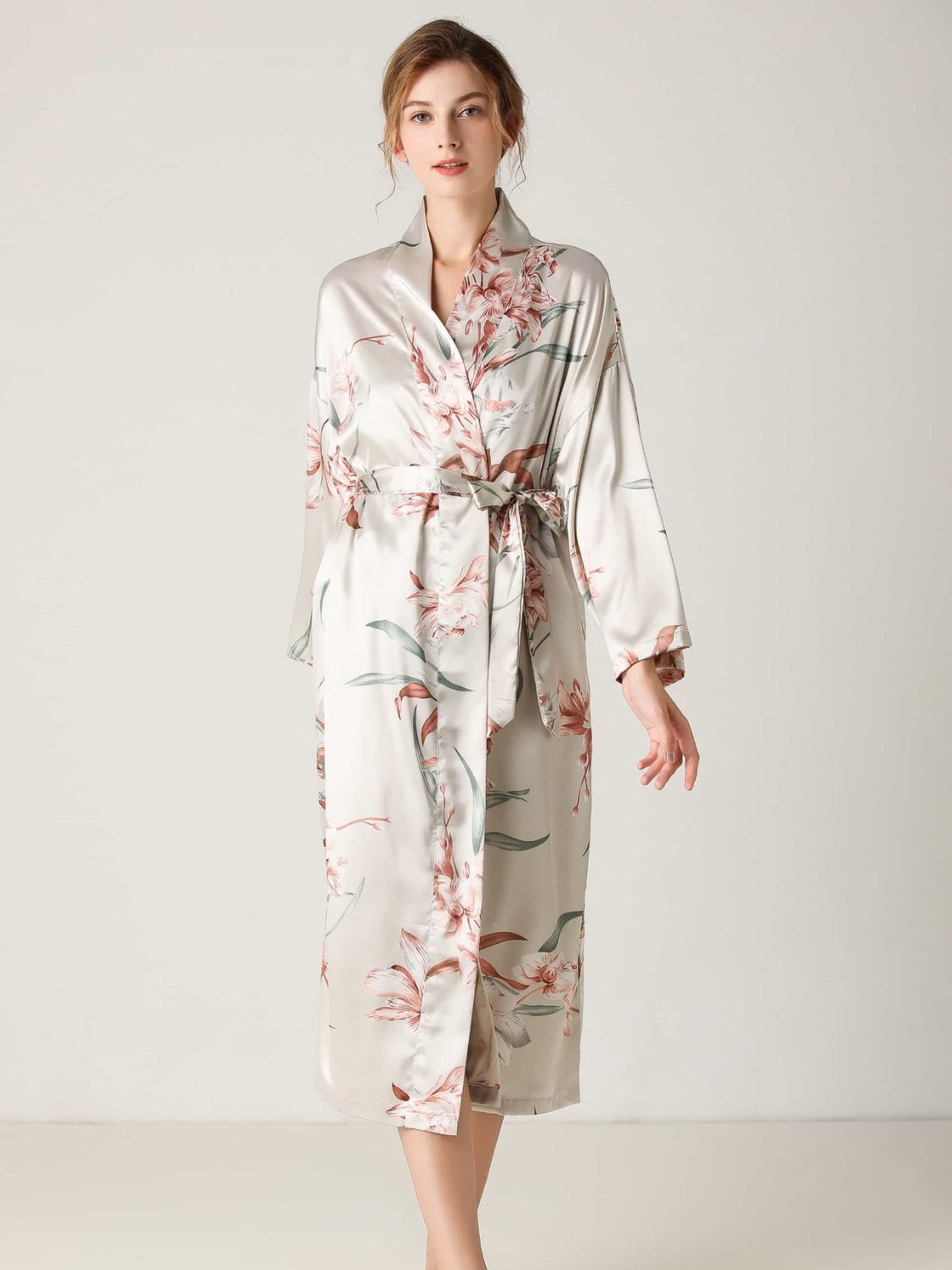 Floral Tie Waist Long Sleeve Robe - Light Gray / S Wynter 4 All Seasons