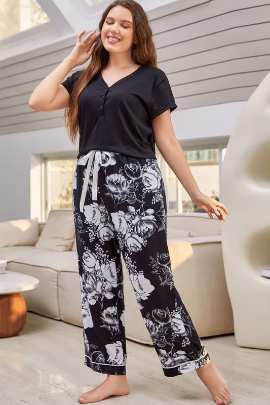 Full Size V-Neck Top and Floral Pants Lounge Set Trendsi