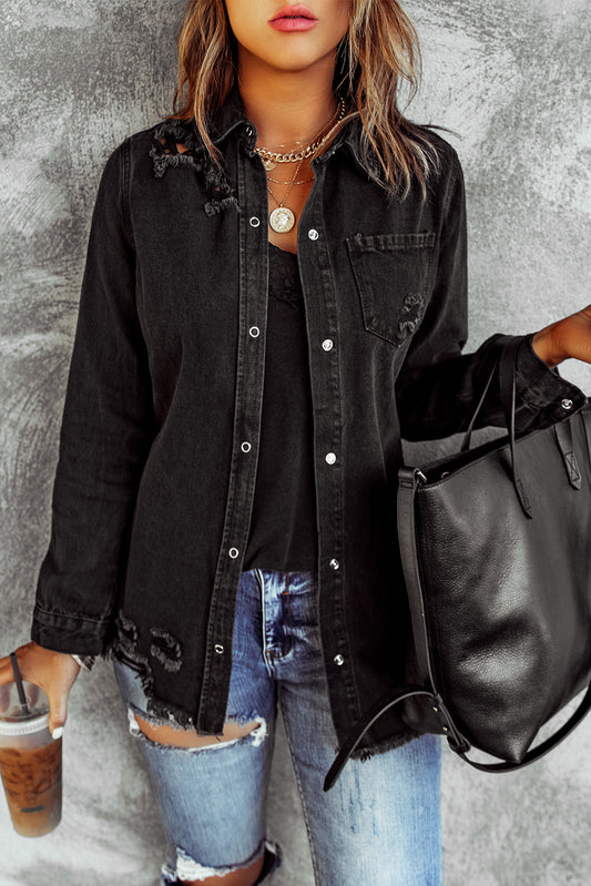 Distressed Snap Down Denim Jacket - Black / S Apparel & Accessories Wynter 4 All Seasons