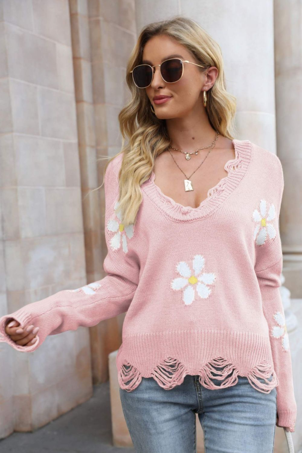 Flower Distressed Ribbed Trim Sweater - Pink / S Apparel & Accessories Wynter 4 All Seasons