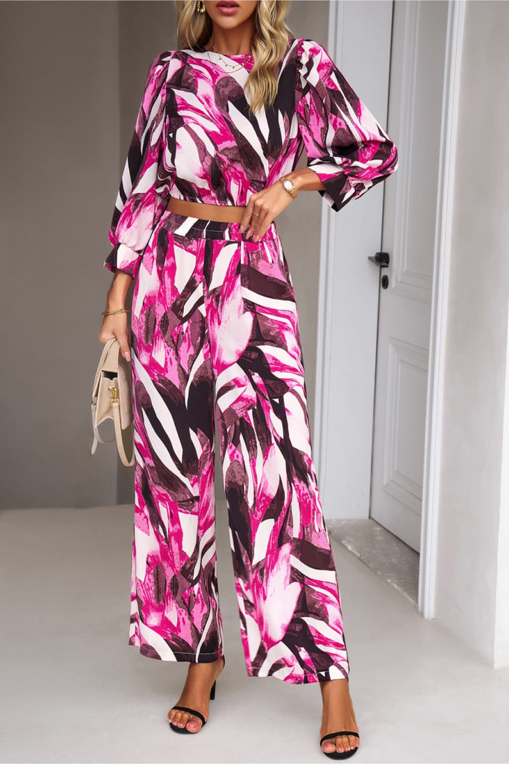 Printed Cropped Top and Pants Set - Deep Rose / S Wynter 4 All Seasons