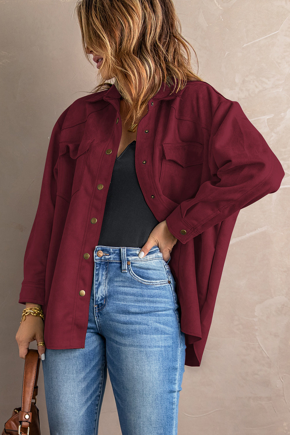 Suede Snap Front Dropped Shoulder Jacket - Red / L Apparel & Accessories Wynter 4 All Seasons
