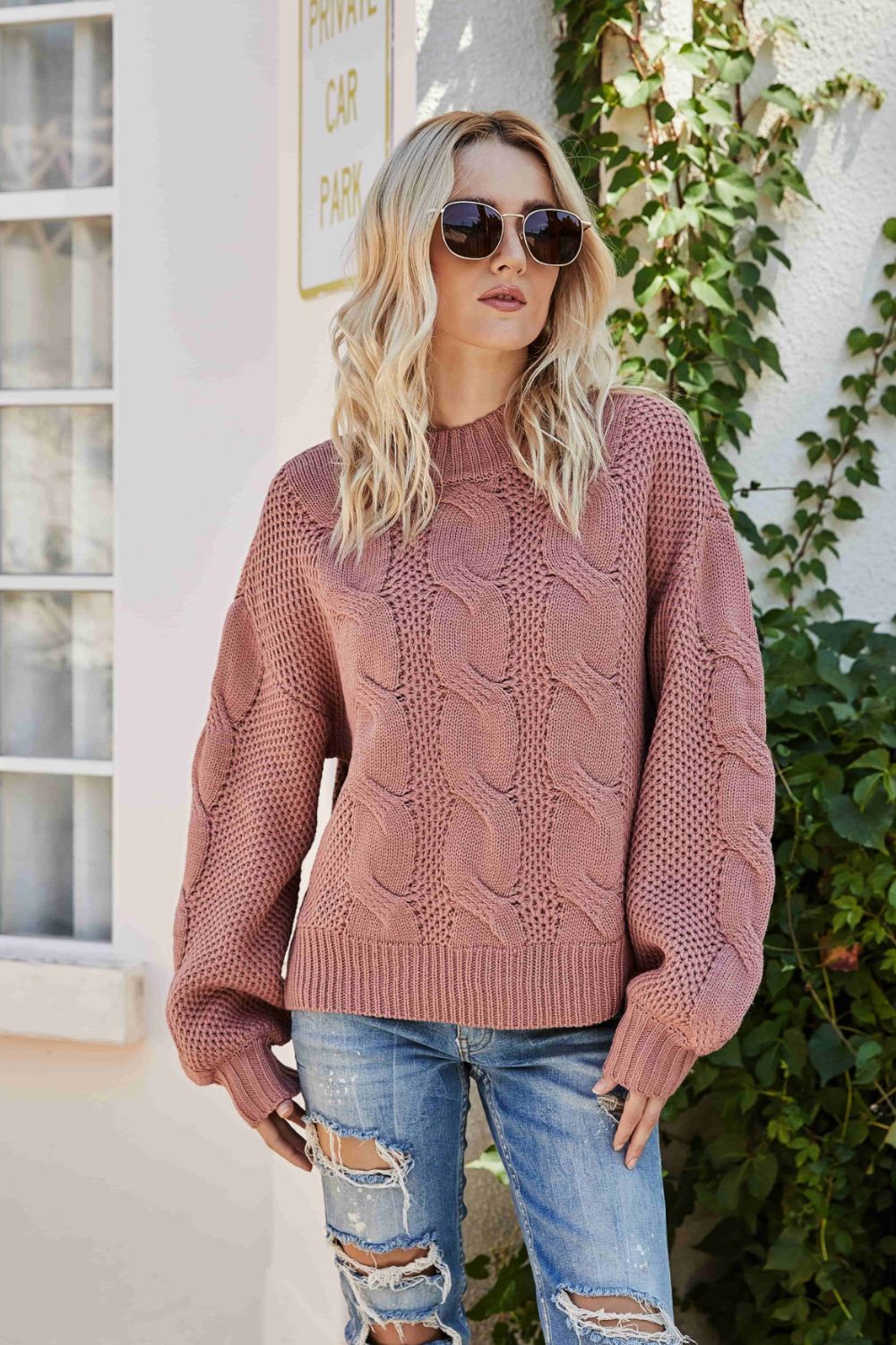 Mixed Knit Crewneck Drop Shoulder Sweater - Pink / S Apparel & Accessories Wynter 4 All Seasons