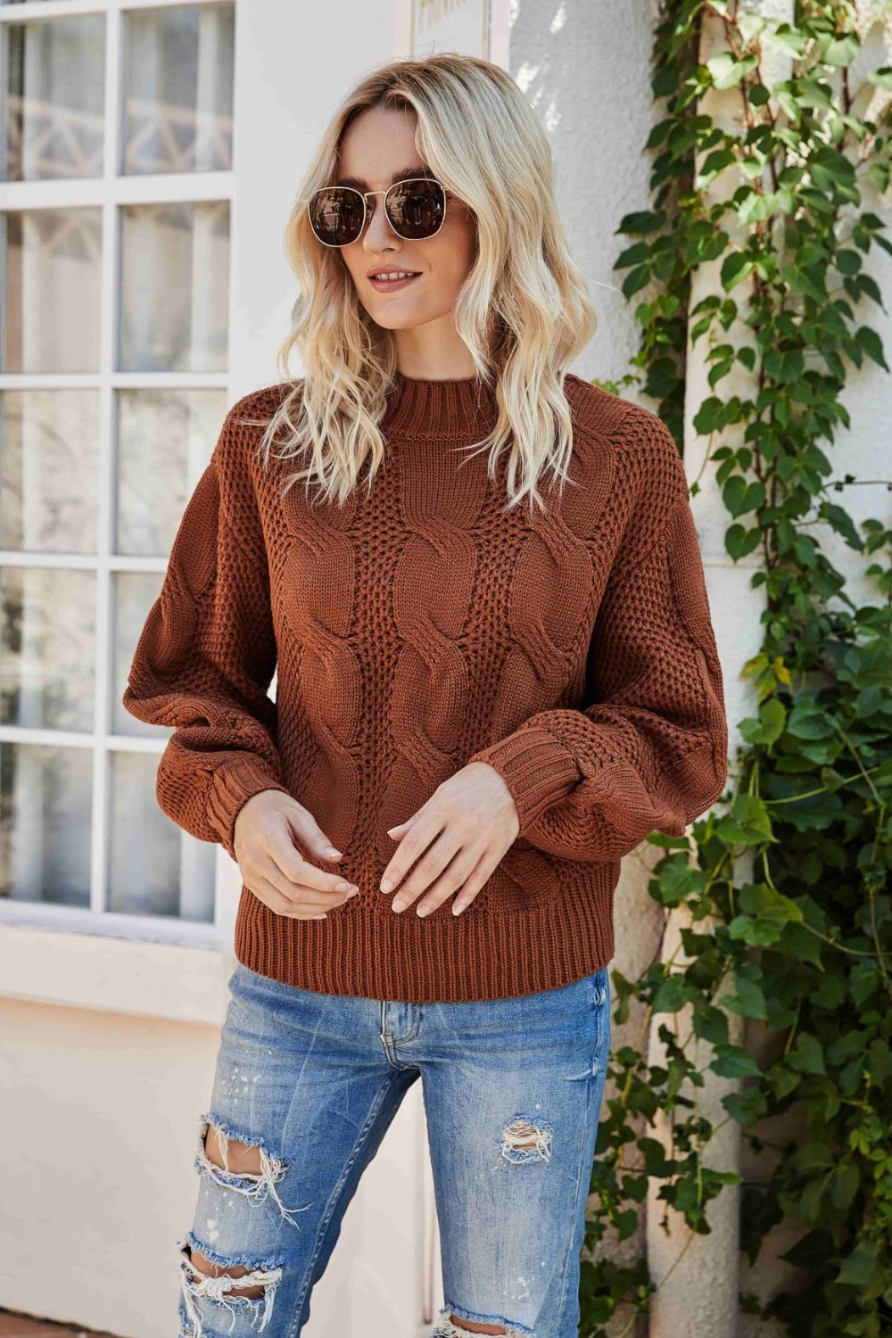 Mixed Knit Crewneck Drop Shoulder Sweater - Brown / S Apparel & Accessories Wynter 4 All Seasons