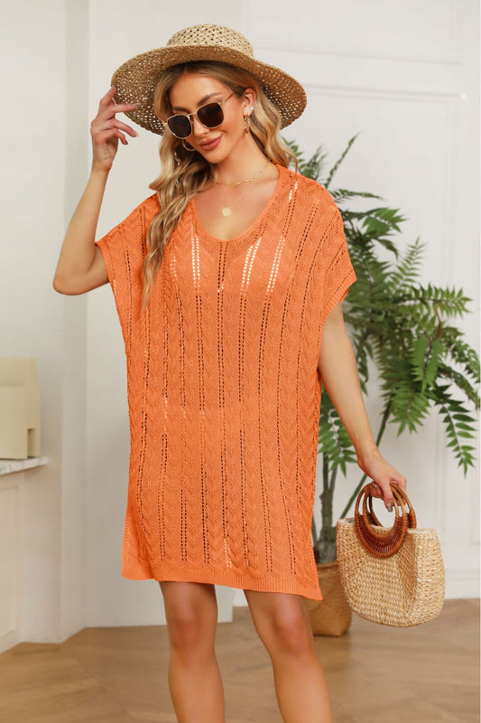 Openwork Side Slit Knit Dress - Orange / One Size Wynter 4 All Seasons