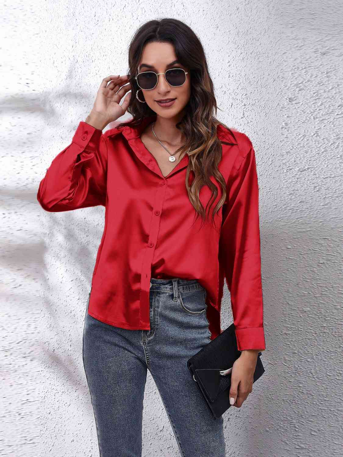 Collared Neck Buttoned Long Sleeve Shirt - Deep Red / S Wynter 4 All Seasons