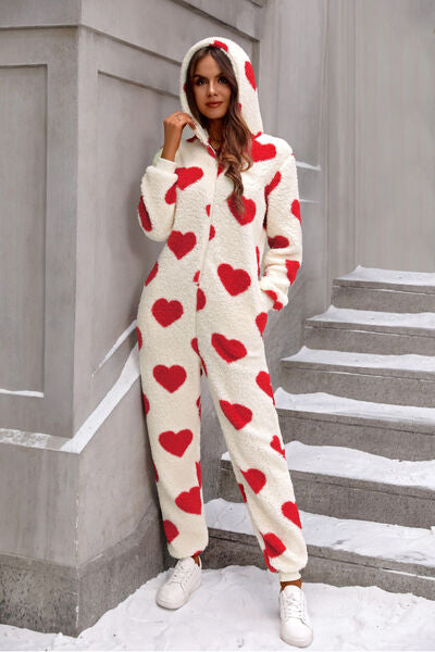 Fuzzy Heart Zip Up Hooded Lounge Jumpsuit - Deep Red / S Wynter 4 All Seasons